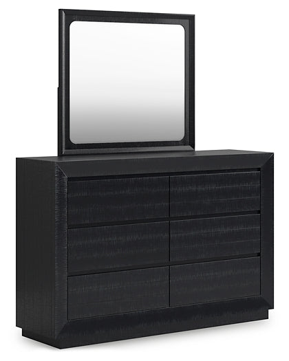 Londer California King Panel Bed with Mirrored Dresser and Chest