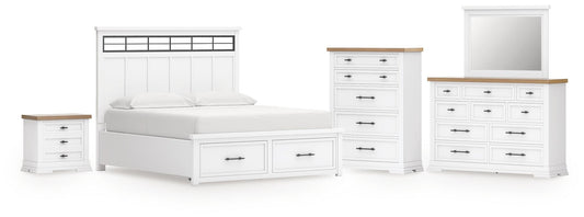 Ashbryn California King Panel Storage Bed, Dresser, Mirror, Chest and Nightstand