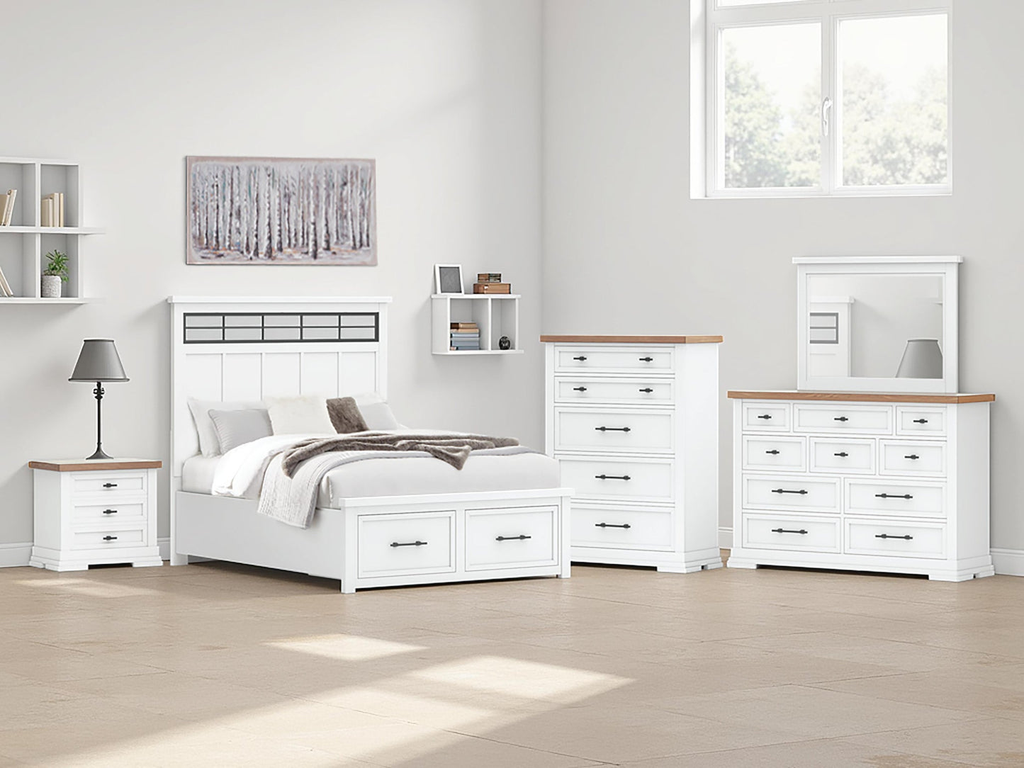 Ashbryn Queen Panel Storage Bed, Dresser, Mirror, Chest and Nightstand